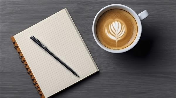 فنجان قهوه با خودکار نوت بوک روی میز چوبی نمای بالا و فضای کپی Generative AI