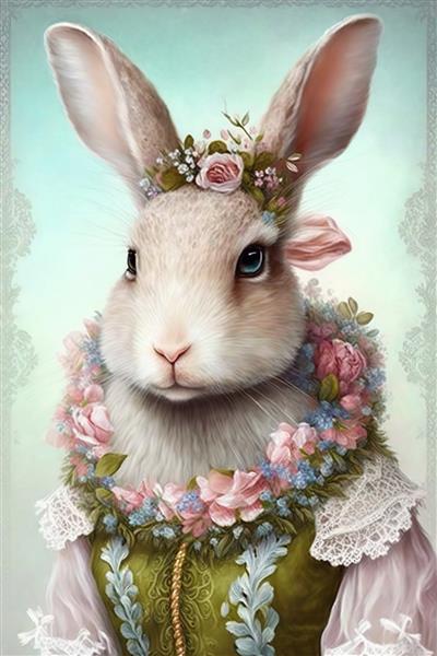 اسم حیوان دست اموز در لباس ویکتوریایی با گل خرگوش برای گرافیک تیشرت Generative AI