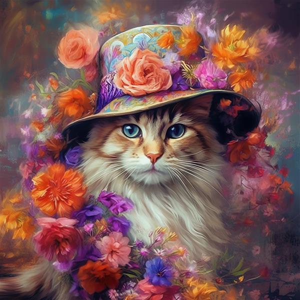گربه ناز با کلاه ویکتوریایی با گل گربه برای گرافیک تیشرت Generative AI