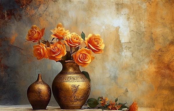 گلدان انتزاعی نقاشی طلای مدرن گیاهان در یک عنصر طلایی گلدان گل می دهند