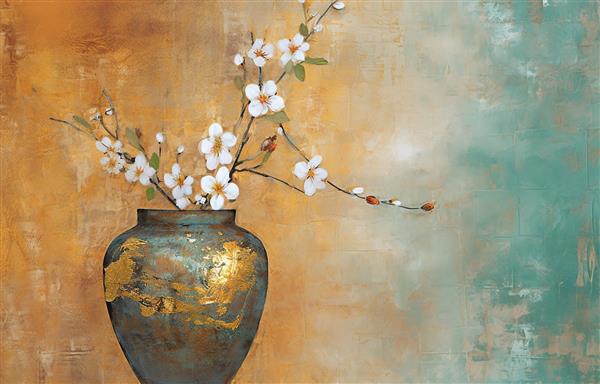 گلدان انتزاعی نقاشی طلای مدرن گیاهان در یک عنصر طلایی گلدان گل می دهند