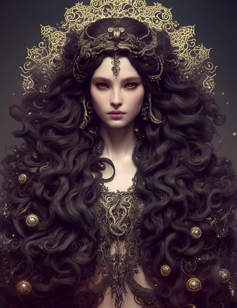 مدوسا جادوگر زیبا با مار فیلیگری و موهای بلند مشکی