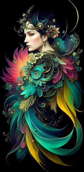تابلو هنری برجسته رنگارنگ طرح زن و گل با پرهای رنگی
