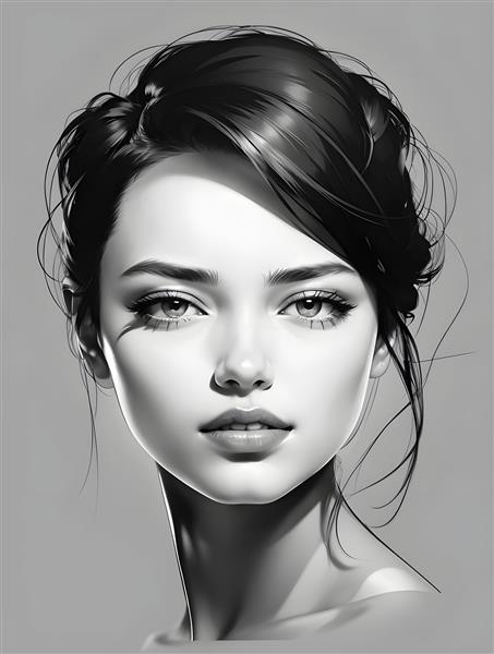 نقاشی چهره دختر زیبا با موهای مشکی براق