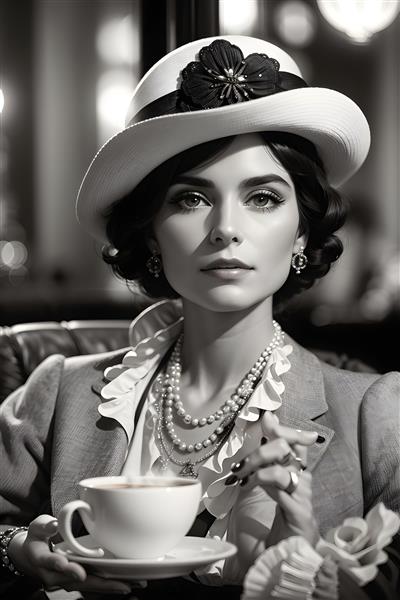 کوکو شانل در نوشیدن قهوه عکس سیاه و سفید