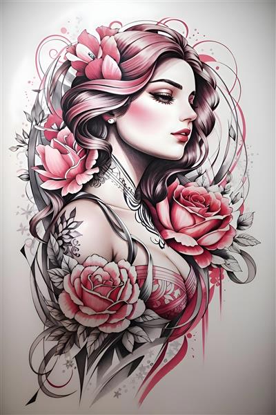 طراحی و نقاش چهره زن با گل های رز به سبک دیجیتال
