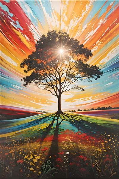 تصویر درخت در غروب خورشید و آسمان رنگی