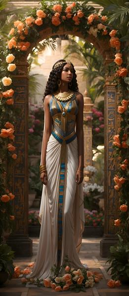 شاهزاده مصری زیبا با موهای مشکی و پس زمینه دروازه ای از گل