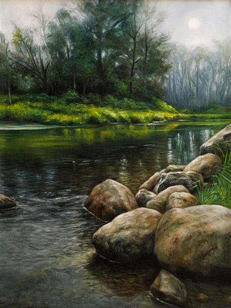 نقاشی رنگ روغن رودخانه آرام اثر استاد نادر لنجانی
