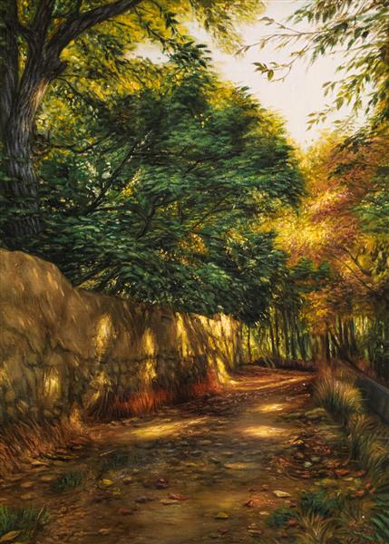 نقاشی رنگ روغن منظره کوچه باغ اثر استاد نادر لنجانی
