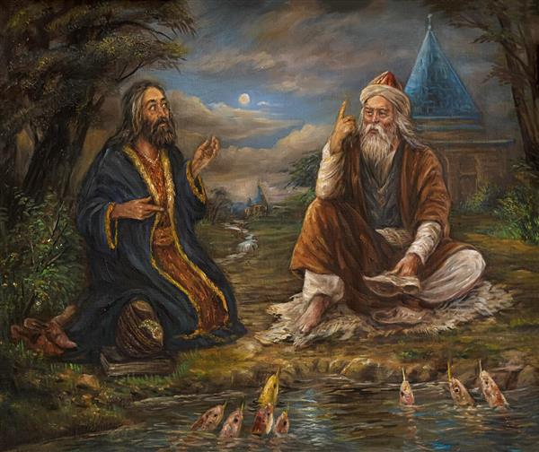 نقاشی رنگ روغن ابراهیم ادهم و کراماتش اثر استاد نادر لنجانی
