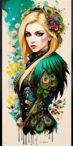 تصویرسازی هنری دیجیتال از یک دختر زیبا با تزئین شده پر طاووس