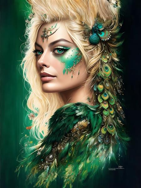 مارگو رابی طرح رنگی زیبا با پرهای طاووس و پاشش رنگ