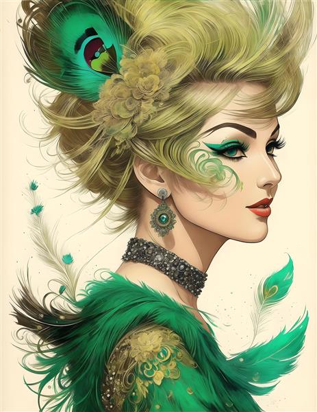 نقاشی دیجیتال سید شریس با موهای بلوند و پر طاووس در حال پاشیدن رنگ