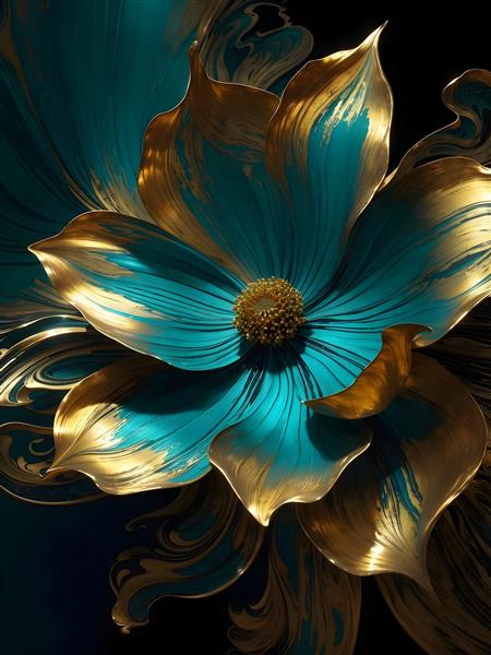 طرح گلهای سه بعدی طلایی فیروزه ای آبی درباری لارج فرمت برای اتاق خواب