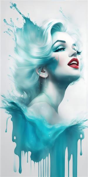 تصویرسازی هنری زیبا از مرلین مونرو با موهای بلوند و چشمان آبی فیروزه ای در حال تماشای آبشار