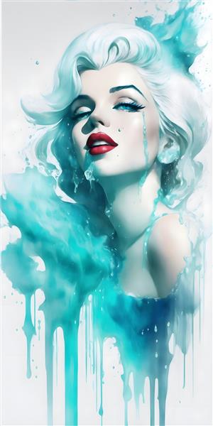 پوستر دیواری زیبا طرح نقاشی دیجیتال پرتره مرلین مونرو با پس زمینه آبشار آبی فیروزه ای