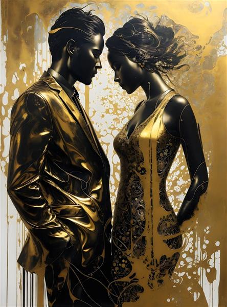تصویرسازی زن و مرد عاشق با رنگ طلایی