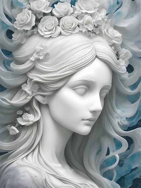 مجسمه سفید دختری با موهای بلند و گلدار