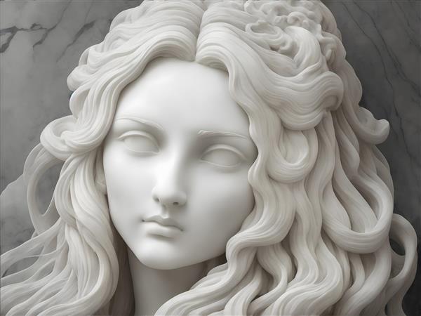 زن جذاب با موهای بلند در مجسمه سنگی برای طرح پوستر دیواری