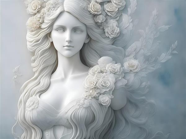 مجسمه زن زیبا با موهای بلند و چشمان نافذ برای طرح پوستر دیواری