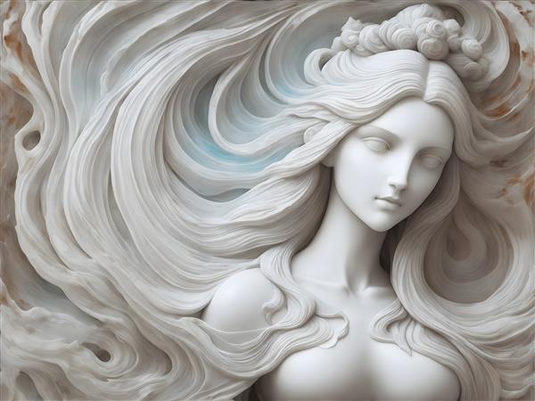زن جذاب با موهای بلند در مجسمه سنگی