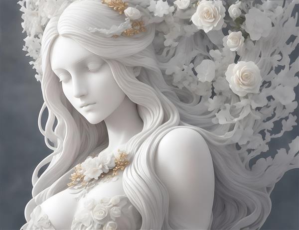 مجسمه جذاب زن با موهای بلند و گلهای زیبا