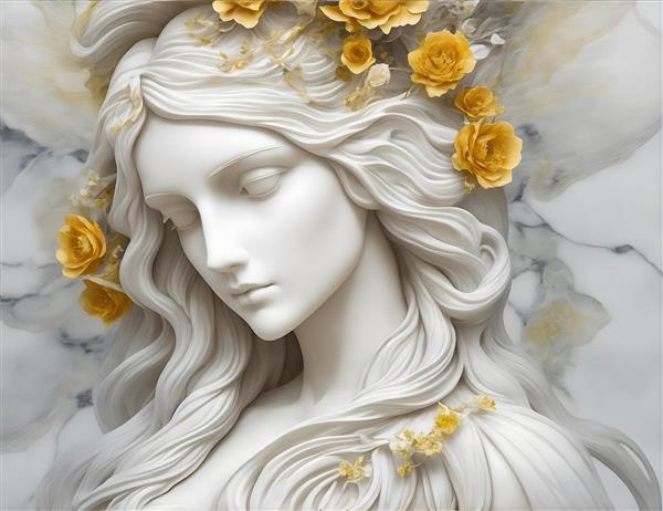 مجسمه سنگی زن با موهای بلند با تاج گل