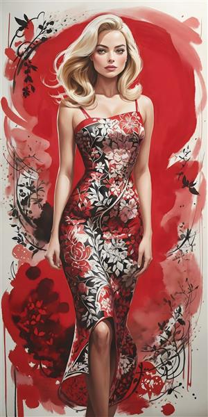 اثر هنری شگفت‌انگیز مارگو رابی با لباس‌ گلدار در نقاشی آبرنگی