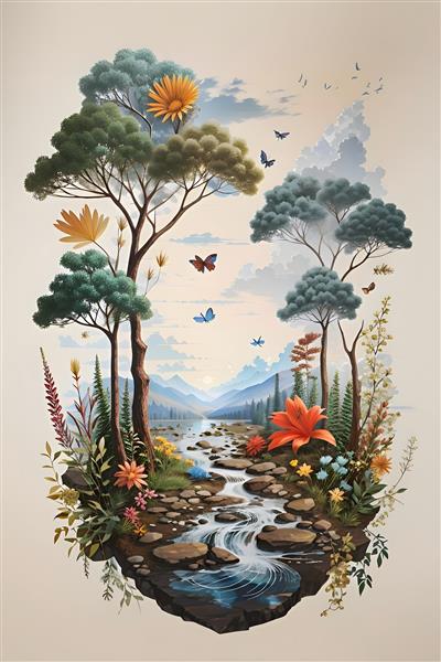 تابلو نقاشی و تصویرسازی از طبیعت درخت و جنگل و گل های رنگارنگ