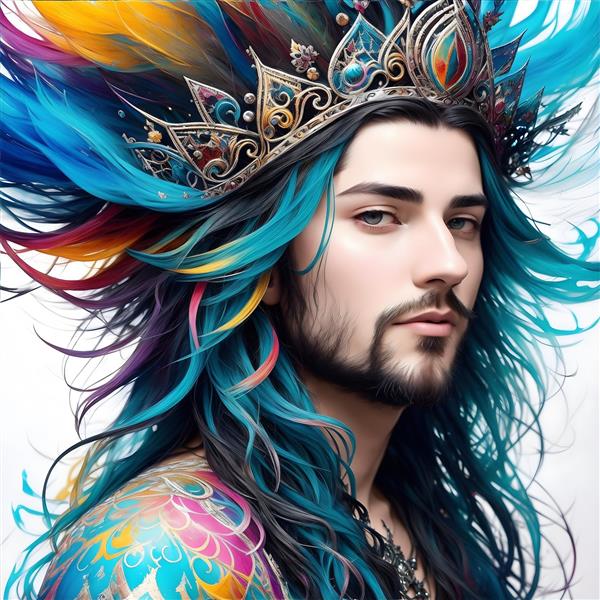 تصویرسازی هنری با طرح پوستر شاه جوان با موهای رنگین کمان