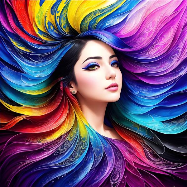 پرتره دیجیتالی دختر زیبا با موهای رنگین کمان