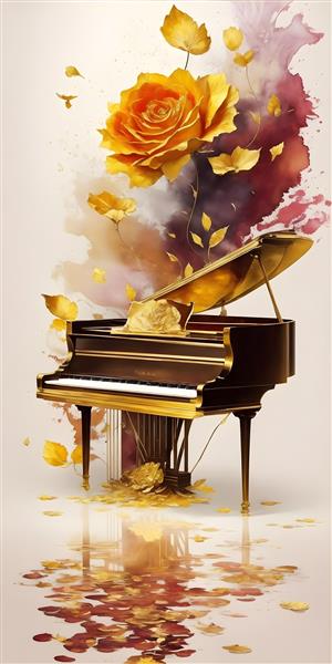 گلهای رز و پیانو نقاشی دیجیتال با طرح پوستر