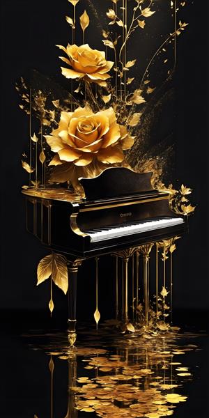 طرح پوستر پیانو با گل رز طلایی هنر و موسیقی با کیفیت