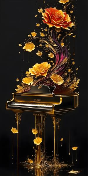 گلهای رز و پیانو تصویرسازی هنری با طرح تابلو طلایی