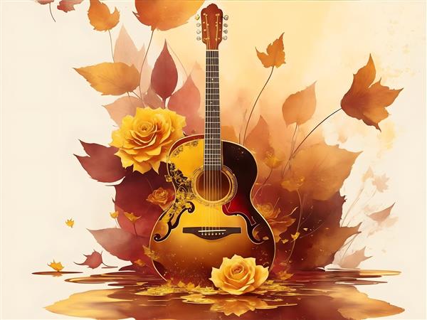 طرح تابلو گیتار با گلهای رز طلایی و زیبا
