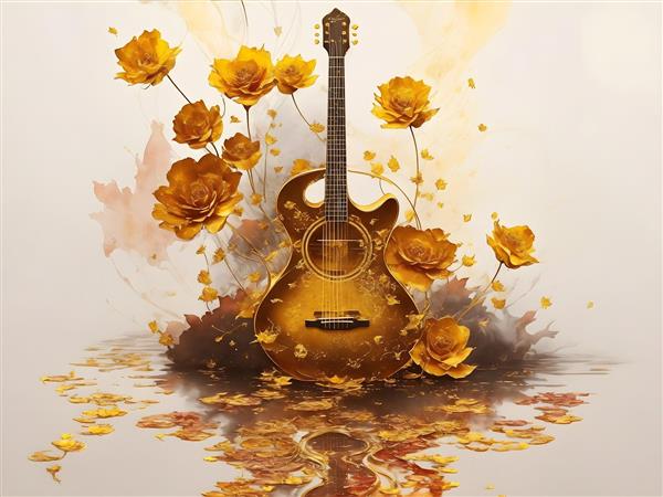 طرح هنر موسیقی با کیفیت نقاشی گیتار و رزهای طلایی