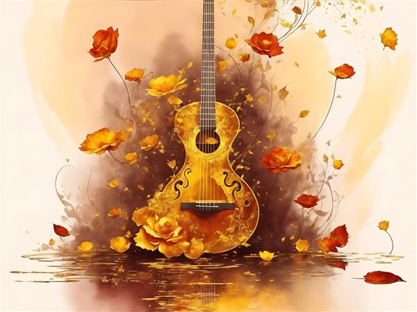 نقاشی دیجیتال گیتار هنر و موسیقی در گلهای رز طلایی