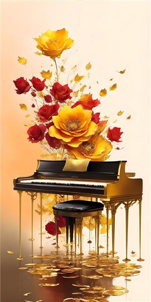 طرح پوستر لوکس تصویرسازی پیانو و گلهای رز