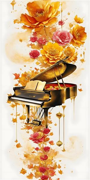 پیانو و گلهای رنگ روغن طرح تابلو موسیقی و هنر