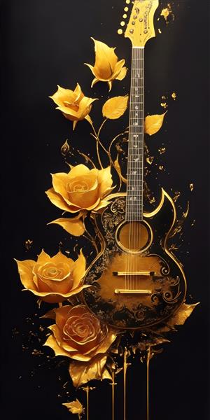 نقاشی گلهای رز و گیتار طلایی با کیفیت رنگ روغن