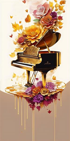 نقاشی طرح پوستر پیانو و گل رز رنگ روغن لوکس