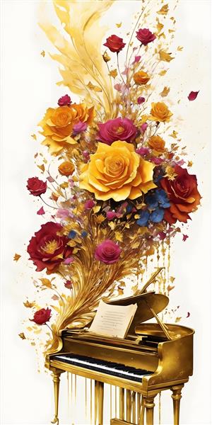 پیانو و گلهای رز طرح تابلو با کیفیت