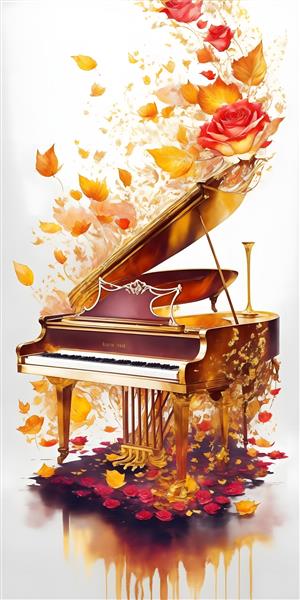 تصویرسازی پیانو و گلهای رنگ روغن زیبایی دکوراتیو