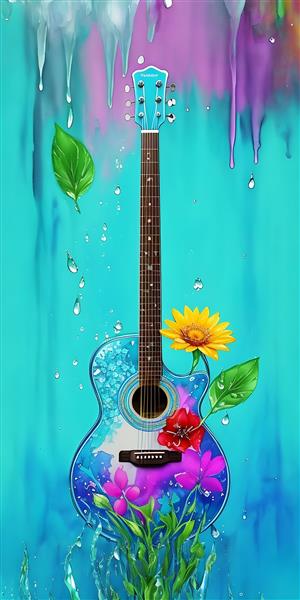 گیتار آبی و گل آفتابگردان در نقاشی دکوراتیو