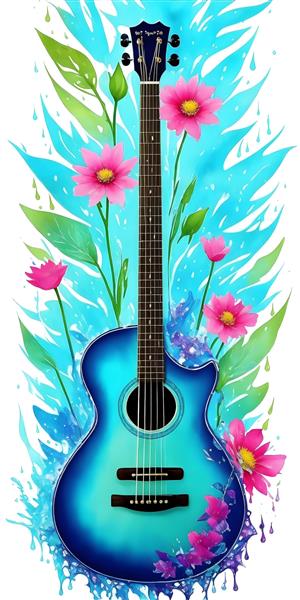 نقاشی گیتار تصویرسازی گلهای صورتی رنگ روغن