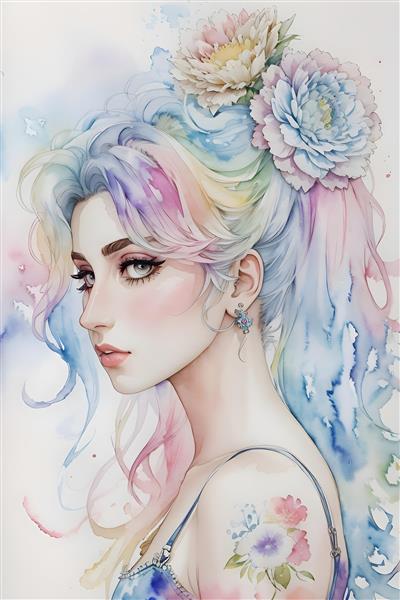 نقاشی آبرنگی زن با موهای رنگارنگ