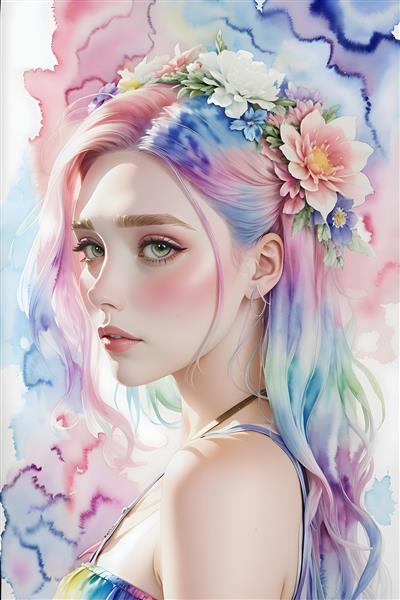 تصویرسازی دیجیتالی پرتره دختر جوان با موهای رنگی
