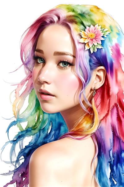 تصویرسازی دیجیتالی چهره جنیفر لارنس با موهای رنگی