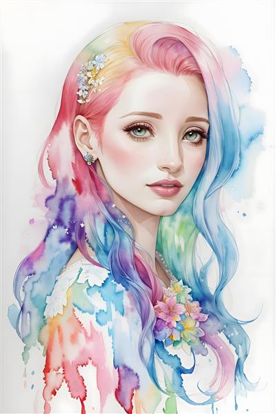 تصویرسازی دیجیتالی پرتره دختر جوان با موهای رنگین کمانی
